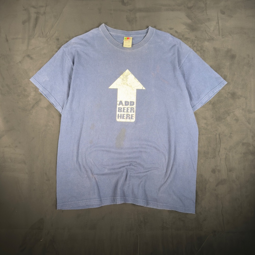 Y2K Mens Fruit of the Loom Add Beer Here Graphic T-Shirt Blue XL
